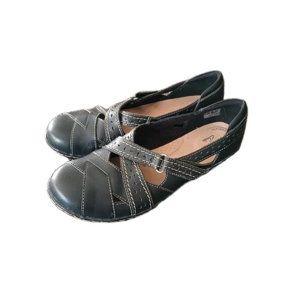 Clarks Collection Womens 8 Black Leather Comfort Mary Jane Flats Shoes Cushion - Picture 1 of 6